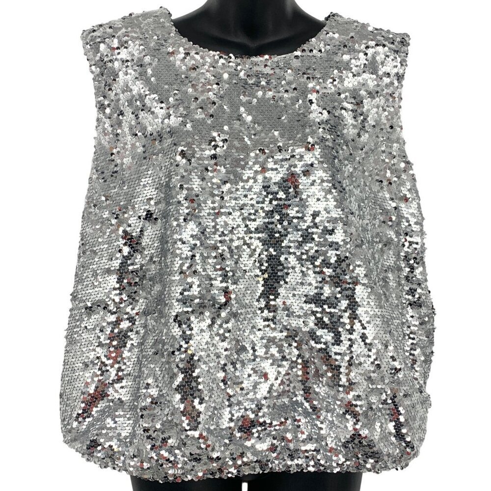 Marc New York Andrew Marc Medium M Silver Sequin Sleeveless Top Blouse Women New